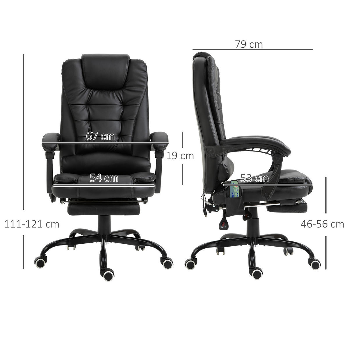 MASSAGESESSEL Chefsessel mit Fußstütze Rückenpolster einstellbar PVC Schwarz - Schwarz, Kunststoff/Metall (79/121/67cm) - Vinsetto