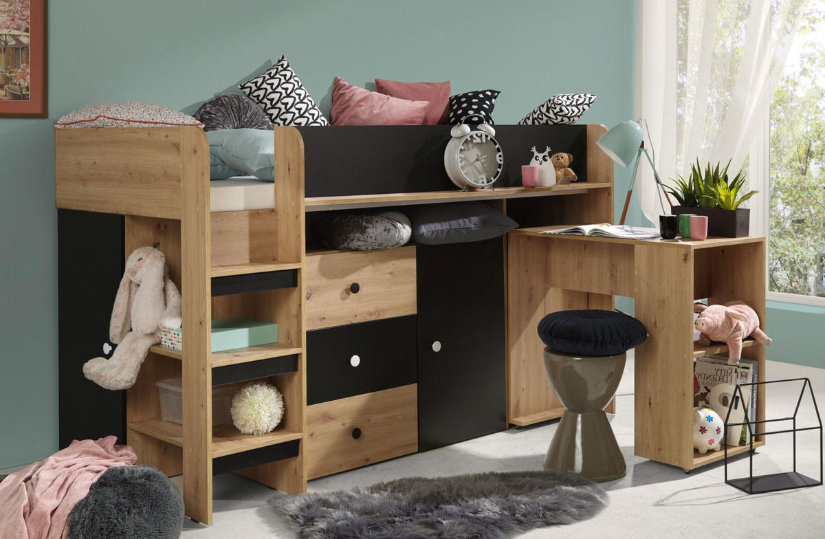 HOCHBETT Smart Artisan Eiche / schwarz 106 / 203 / 125cm Leiter links - Schwarz/Braun, Holz/Holzwerkstoff (90/200cm) - Feldmann-Wohnen