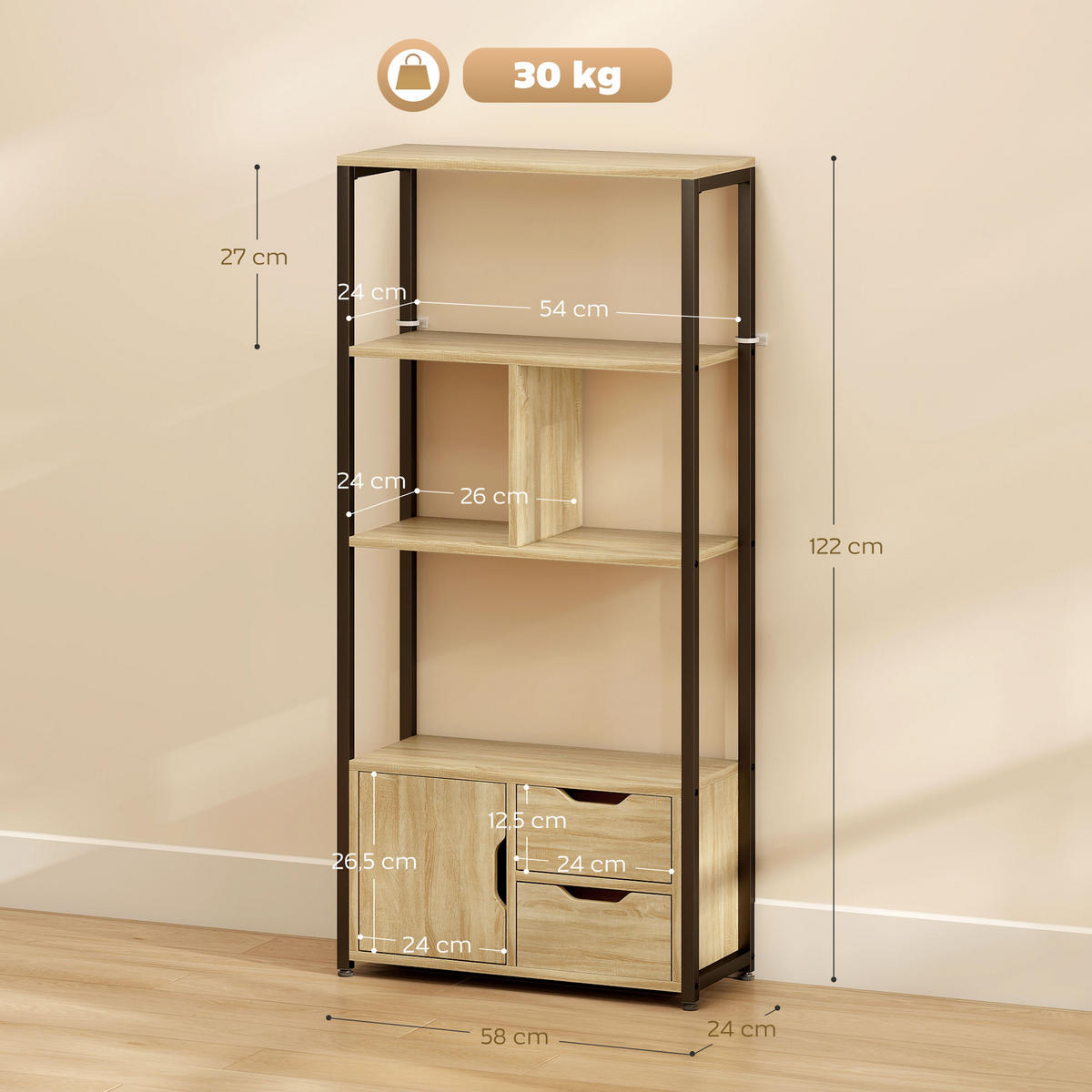 REGAL DE-15558 58/24/122 cm, 3 Ablagen und 2 Schubladen Naturholz/Schwarz - Naturfarben, Holzwerkstoff (58/122/24cm) - ComfortXL