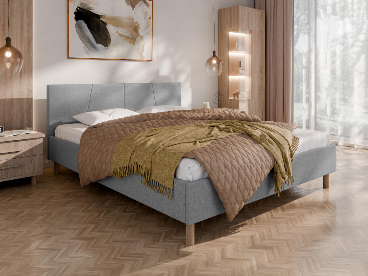 POLSTERBETT ALMORE 160x200cm Elegantes Polsterbett für modernen Wohnstil , 7-Zonen-Taschenfederkernmatratze CIRA (24 cm), hellgrau-2 - Blaugrau, Holz (160/200cm) - Panda Möbel