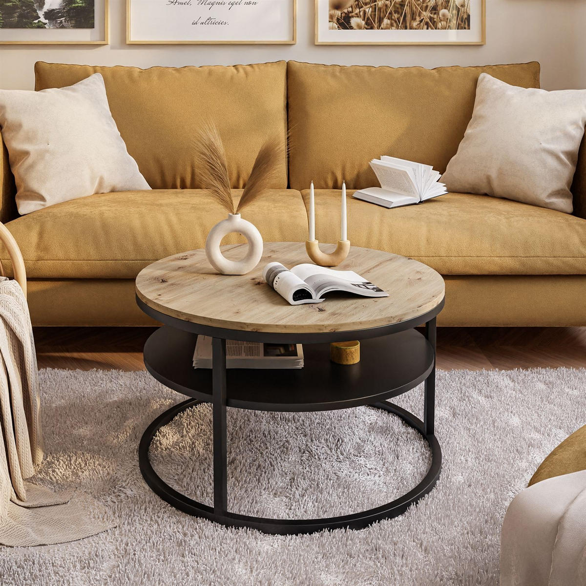 COUCHTISCH CIRI mit Regal Eichenholz Artisan - Eichefarben/Schwarz, Holzwerkstoff (70/70/49cm) - Lookway
