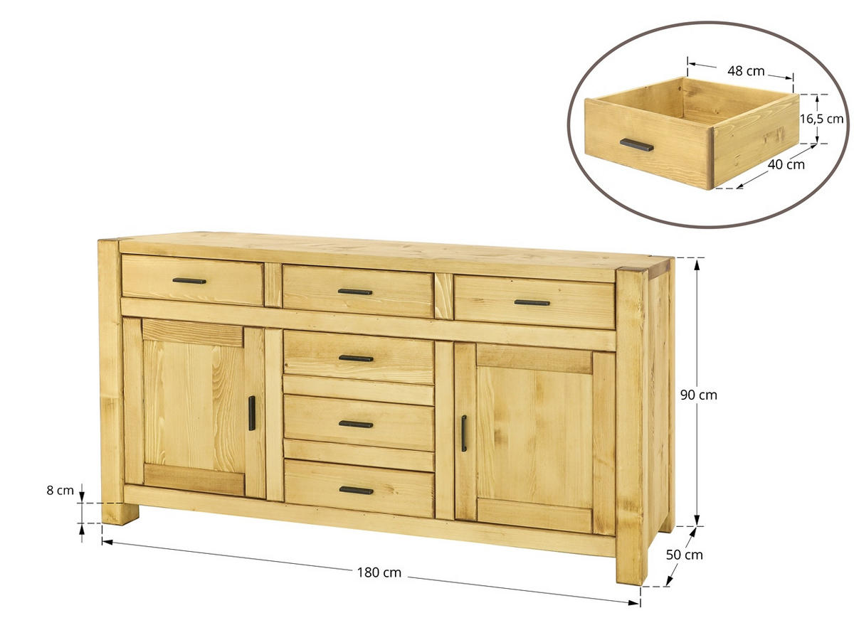 SIDEBOARD aus Massivholz SARA - Honig, Holz (180/90/50cm) - Seart