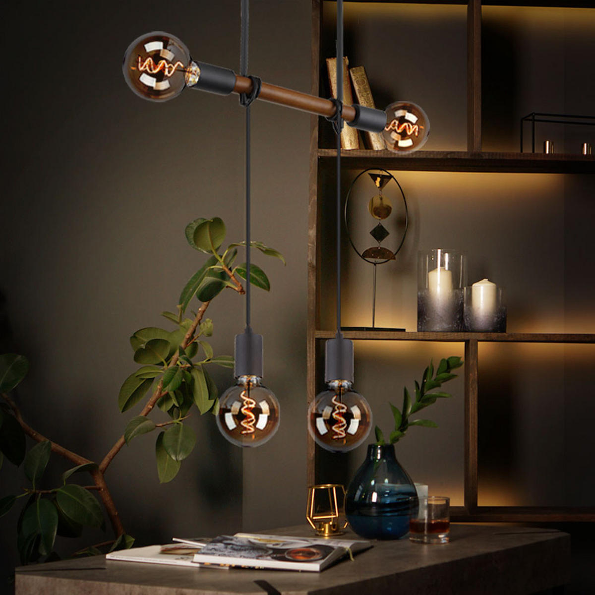 HÄNGELEUCHTE Holz Schwarz 4 Flammig - Schwarz, Holz/Metall (39/6/150cm) - Globo Lighting