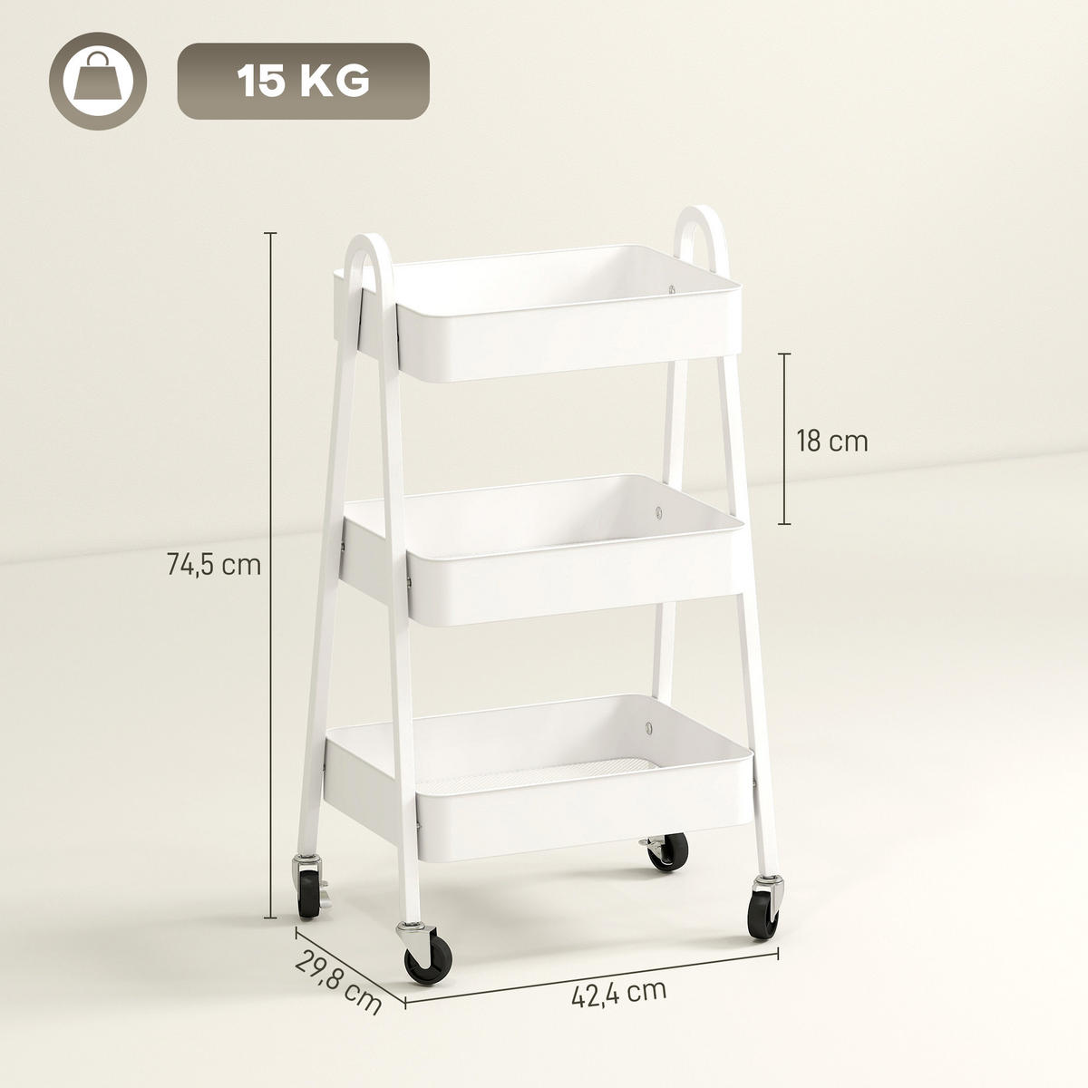SERVIERWAGEN mit 3 Ebenen Küchenwagen mit Rollen Griff Rollwagen mit Bremse - Weiß, Metall (29.8/74.5/42.4cm) - HOMCOM