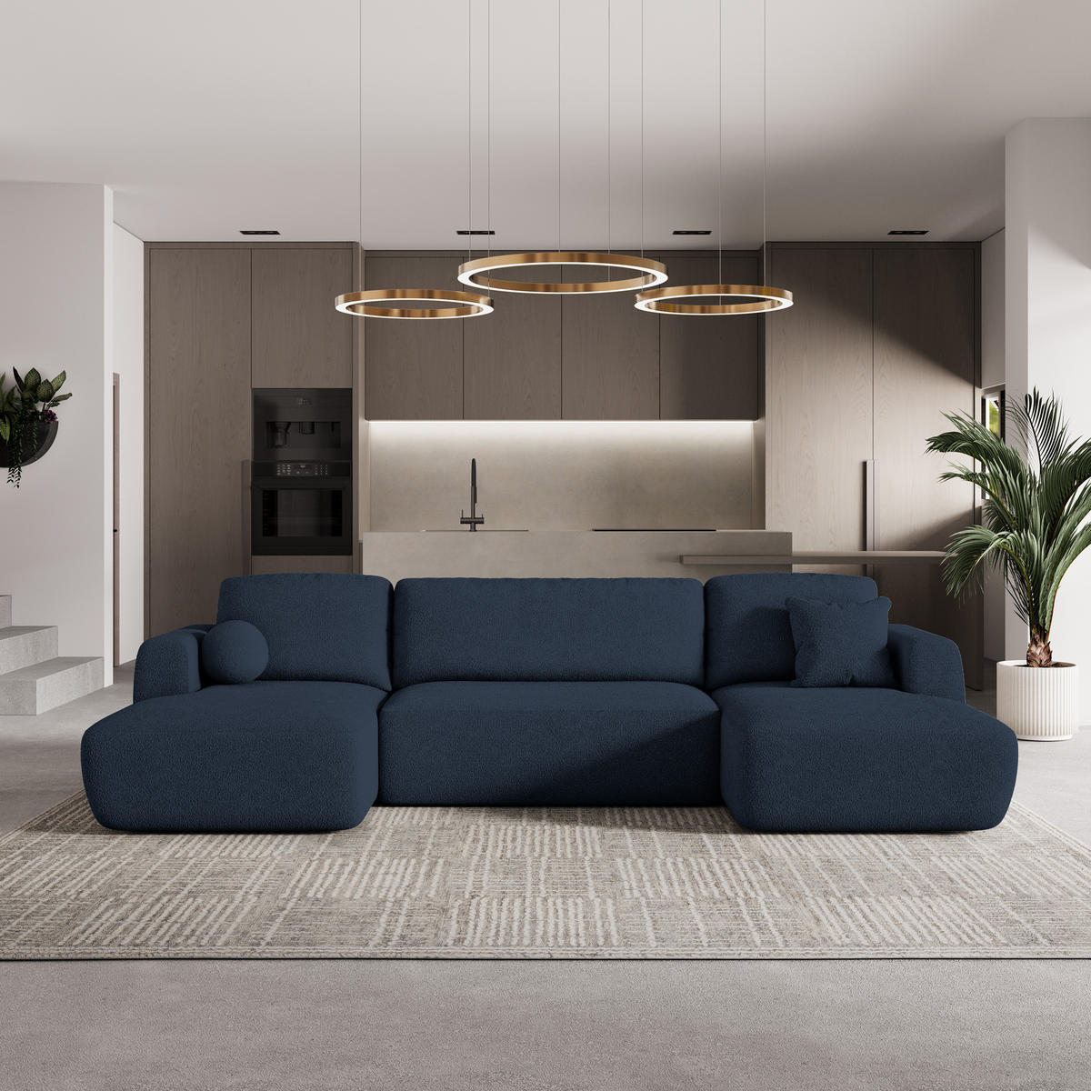 ROHOVÁ SEDAČKA SENTUM modrá - modrá/černá, dřevo/textil (330/148cm) - MASSENO