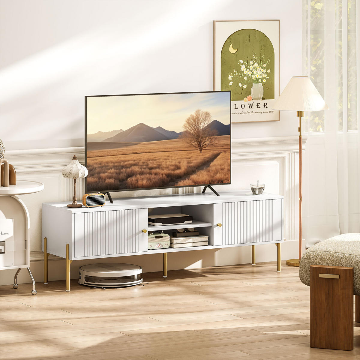 TV-LOWBOARD Weiß/Goldfarben 140/38/45,9 cm, 2 Türen, 2 offene Fächer, Metallfüße - Weiß, Holzwerkstoff (140/45.9/38cm) - PANGIVO
