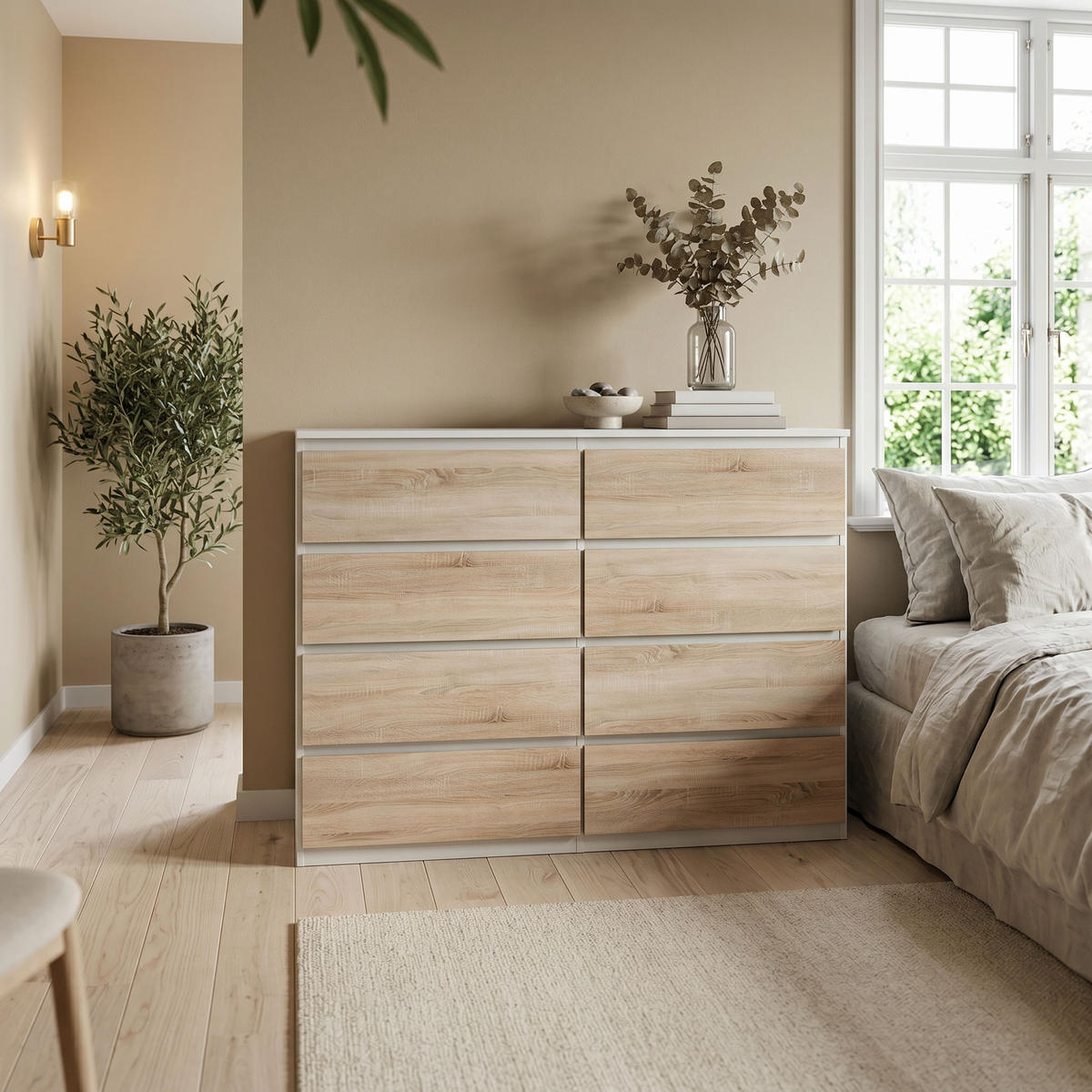 KOMMODE NUDO 138,5/101,5/39cm mit 8 Schubladen Türen Weiß - Weiß/Sonoma Eiche, Holzwerkstoff (138.5/101.5/39cm) - MASSENO