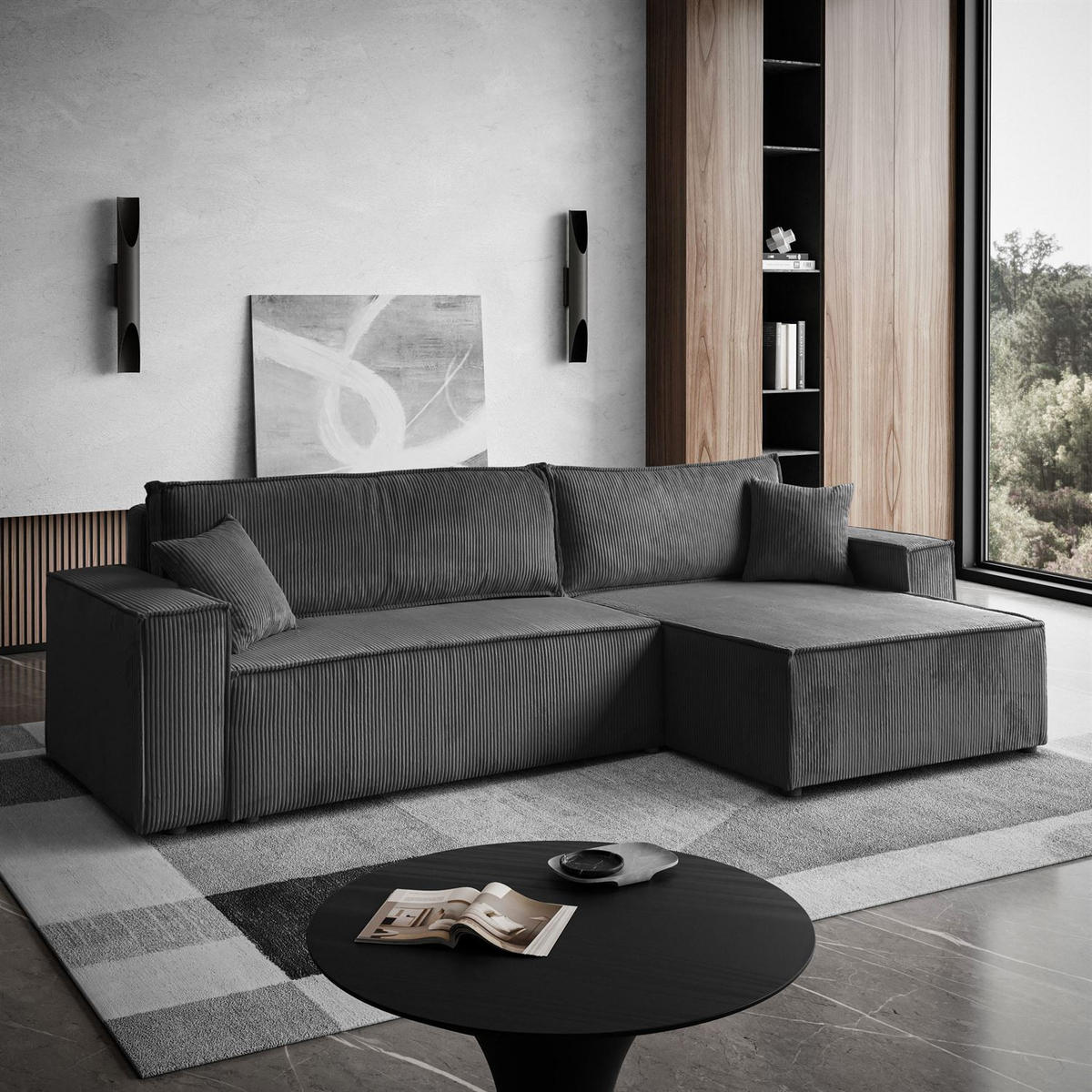 ECKSOFA Gepolstertes CARLO XL Cord mit Schlaffunktion und Bettkasten, Poso 60 - Grau, Textil (277/143cm) - Lookway