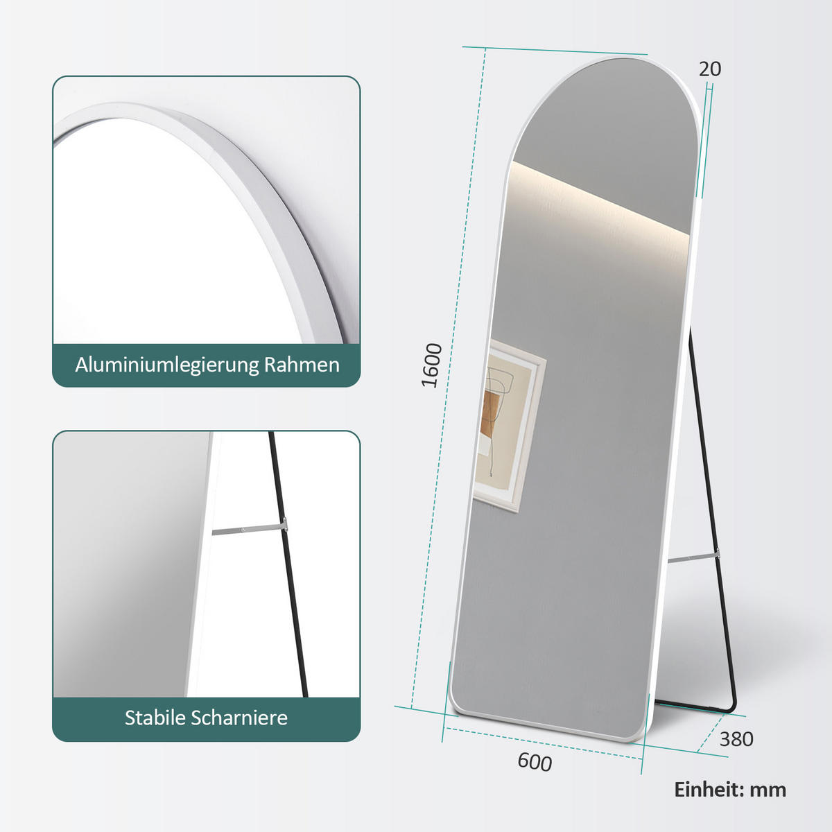 STANDSPIEGEL mit Rahmen Gehärteter Silberspiegel Weiß 160/60 cm - Weiß, Glas/Metall (60/160/160cm) - EMKE