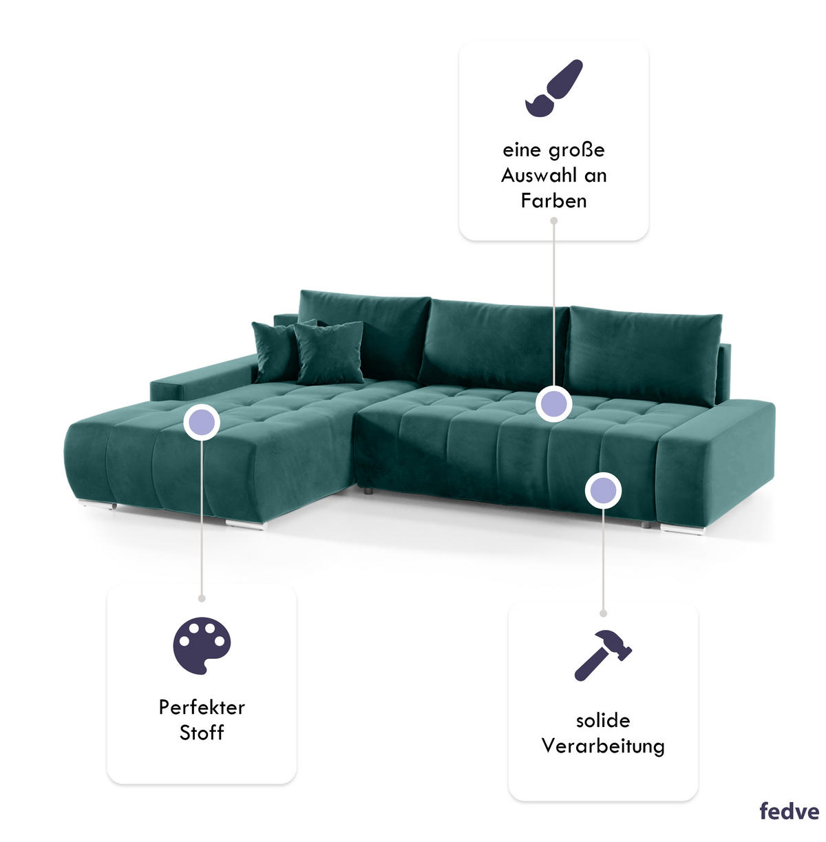 ECKSOFA mit Schlaffunktion Dhaka L, Flaschengrün - Grün, Textil (185/265cm) - Fedve