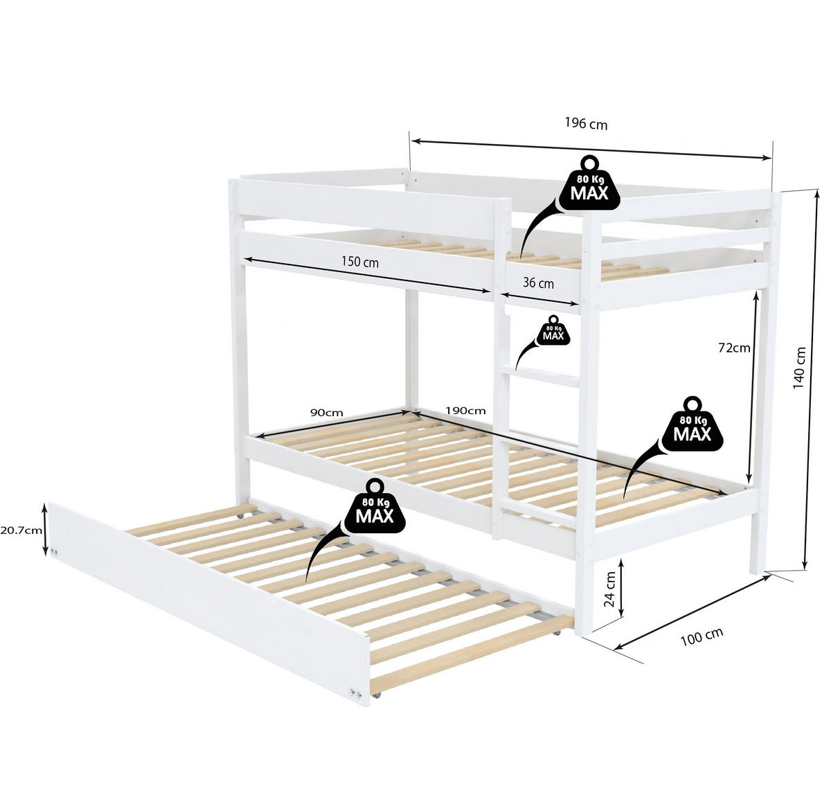 ETAGENBETT WALLY mit Schublade-Bett/ 3x 90x190 - Weiß - Weiß, Holz (90/190cm) - Weber Industries