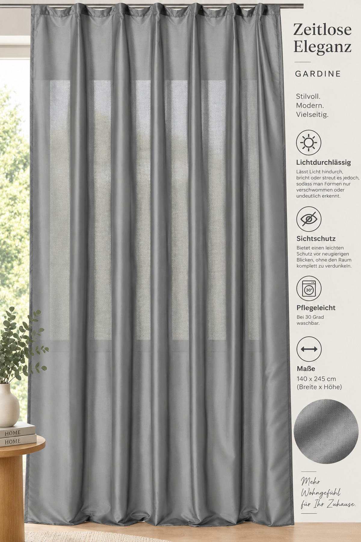 VORHANG Kräuselband 140/245 cm Grau Wildseiden Optik - Grau, Textil (140/245cm) - TiborTex