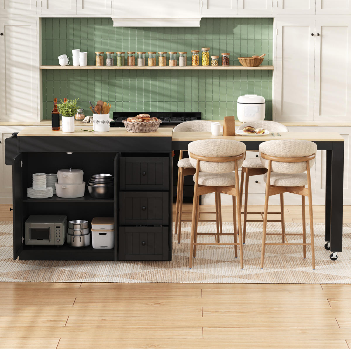 KÜCHENINSEL 112/45/93 cm schwarz aus MDF mit Auszug - Schwarz, Holzwerkstoff (130/93/45cm) - OKWISH