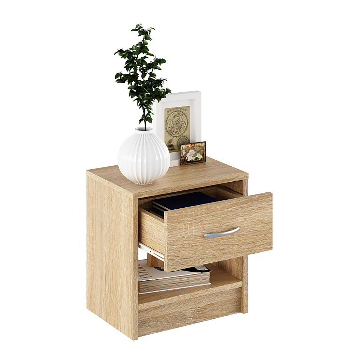 NACHTKOMMODE - Eichefarben/Silberfarben, Holzwerkstoff/Metall (39/41/28cm) - home24