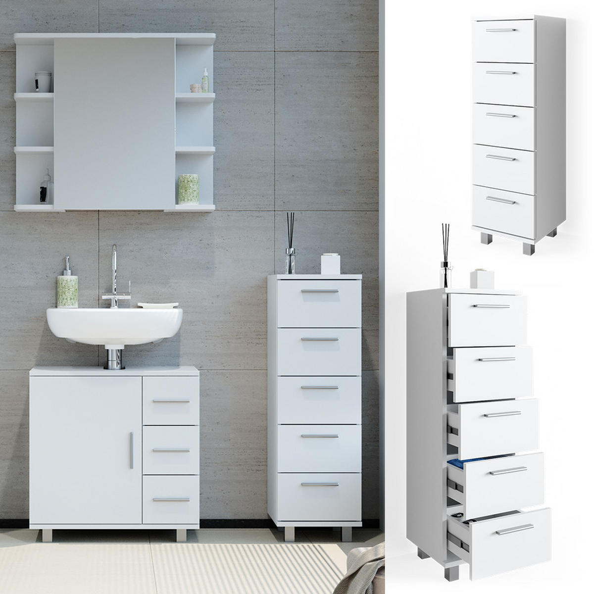 BADSCHRANK Ilias Weiß 30 x 95 cm - Weiß, Holzwerkstoff (30/95/30cm) - Vicco