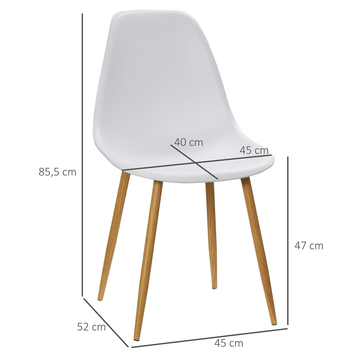 ESSZIMERSTUHL 4er-Set, Metallbeine in Holzoptik, rutschfeste Füße, bis 120 kg, Weiß/Holzdekor - Weiß, Kunststoff (52/85.5/45cm) - HOMCOM