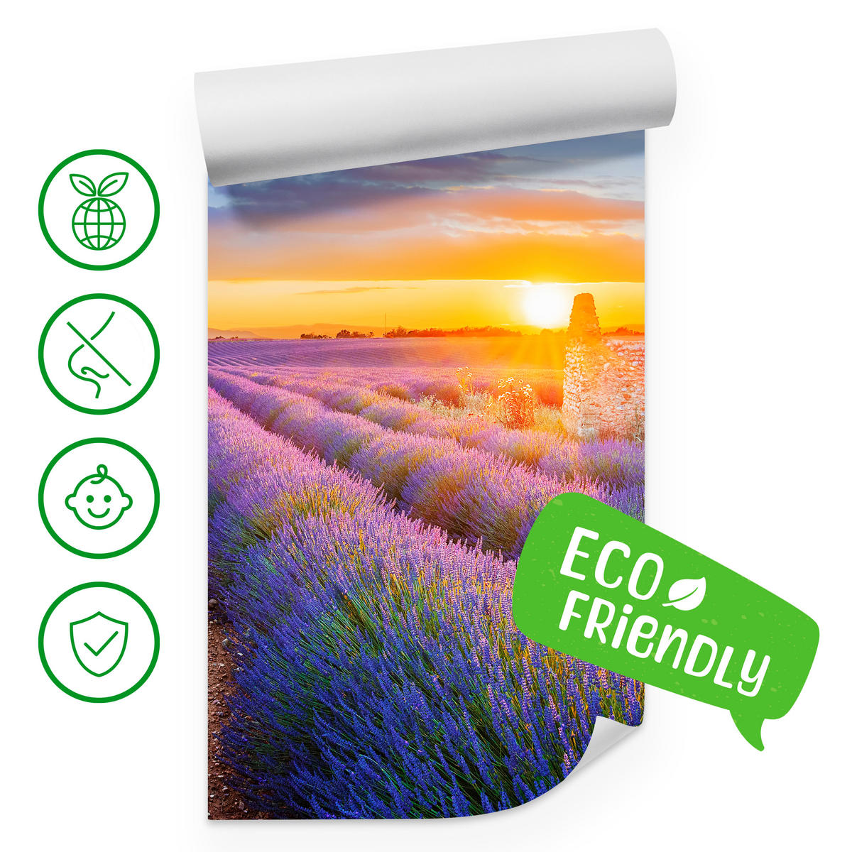 FOTOTAPETA Pre Obývaciu Izbu Levanduľové Pole Západ Slnka Fialová 250 x 175 cm - oranžová/zelená, papier (250/175cm) - Muralo