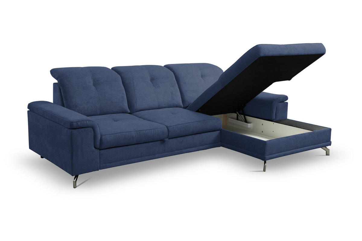 ECKSOFA PANAMA mit Schlaffunktion und Bettkasten, Farbe: Dunkelblau, Velourstoff, Ottomane Rechts - Dunkelblau, Textil (270/180cm) - VENASI MÖBEL