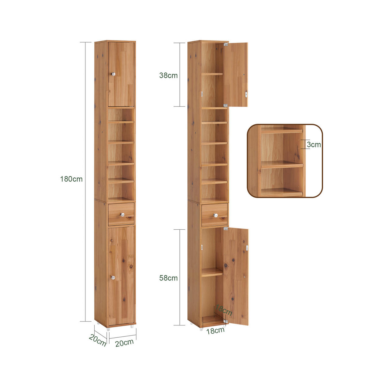 HOCHSCHRANK schmal Natur - Braun, Holz (20/180/20cm) - SoBuy