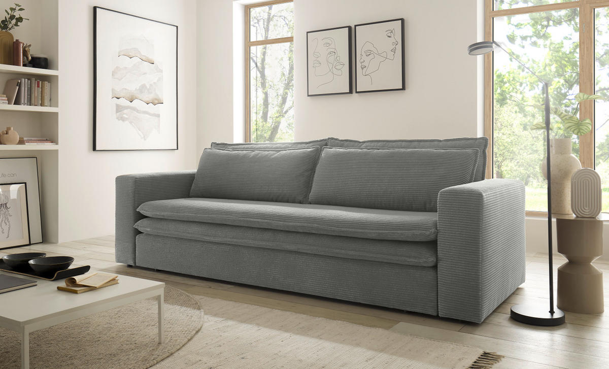 SCHLAFSOFA hellgrau Cord, Sofa 3-Sitzer mit Bettfunktion 244 cm - Beige/Hellgrau, Holz/Textil (244/83/91cm) - Furn.Design