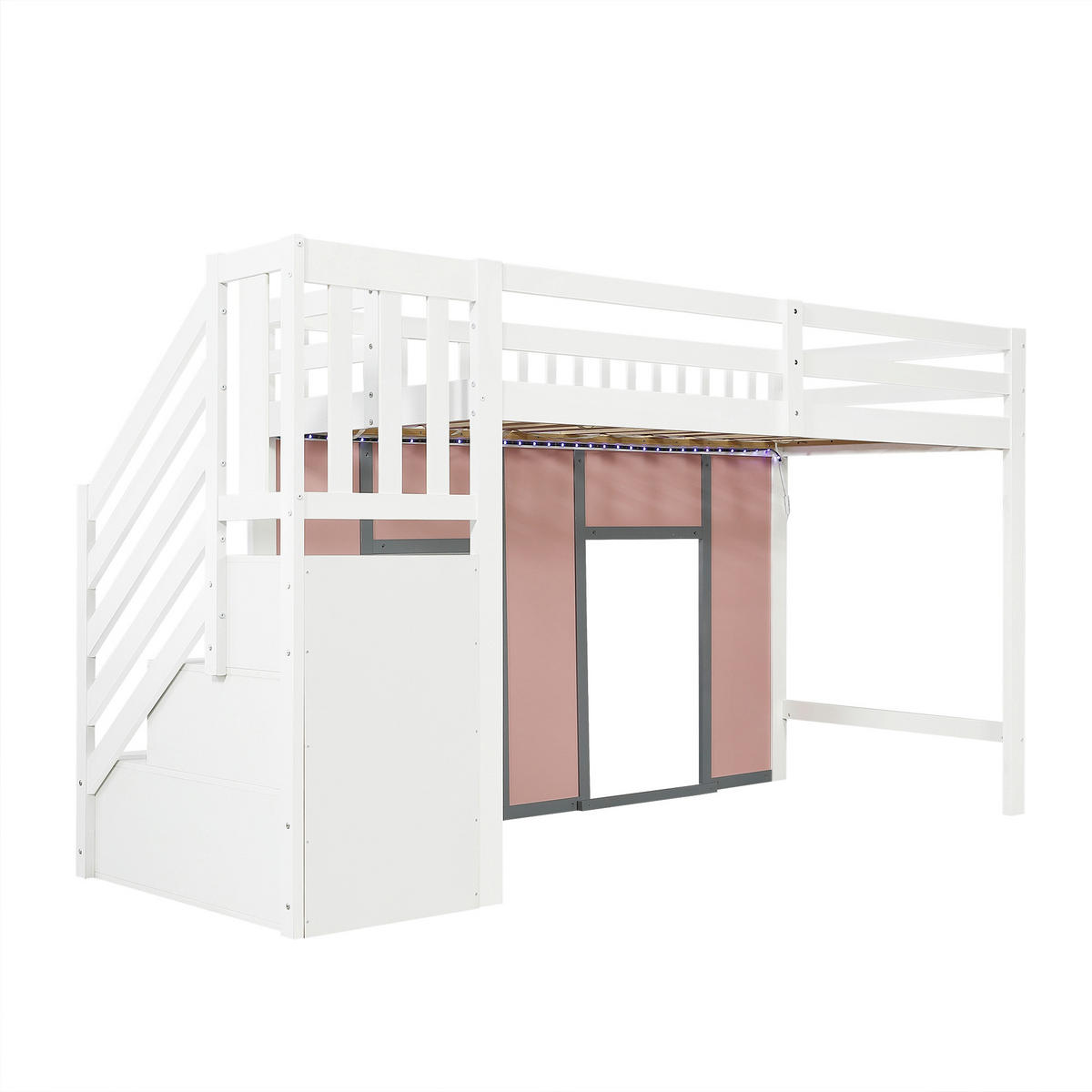 HOCHBETT 90/200 cm DE-32743 mit Stauraumtreppe und LED Weiß/Pink - Pink, Holzwerkstoff (90/200cm) - ComfortXL