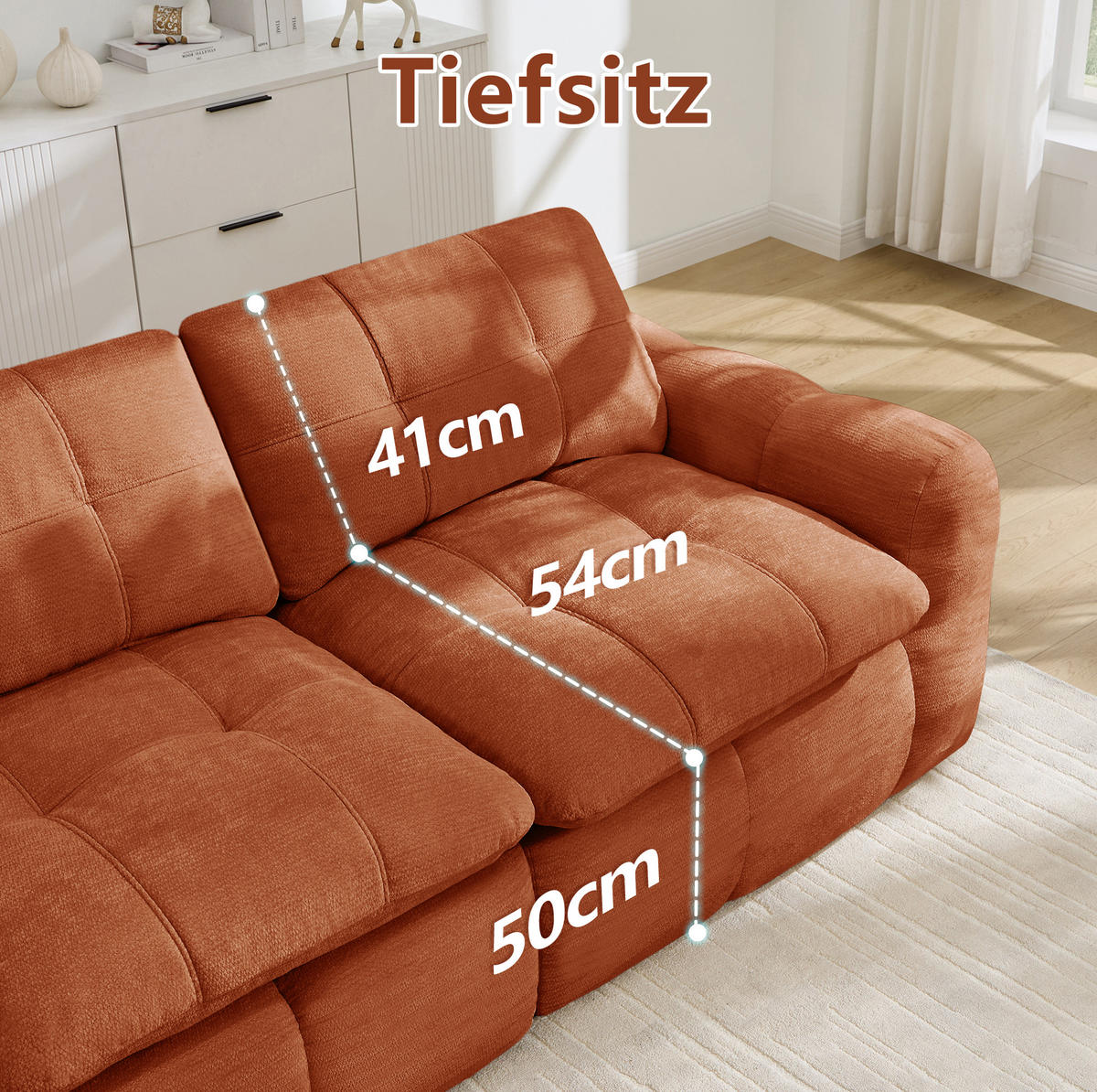 SOFA 264/97/68 cm in Orange, modular mit Chenille-Bezug und Karosteppung - Orange, Textil (97/68/264cm) - Flora Grace