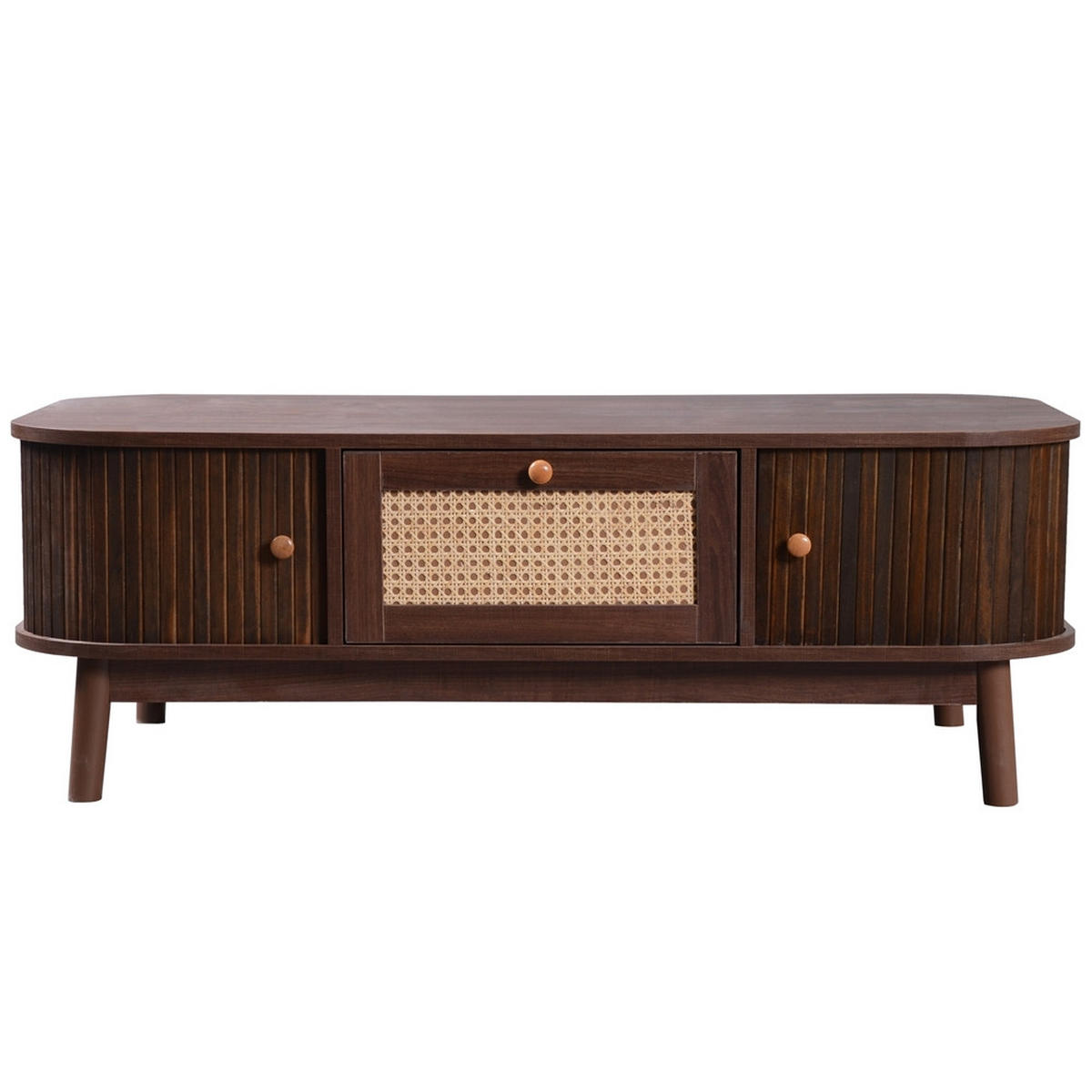 COUCHTISCH Rattan Landhausstil Schubladen Schiebetüren Massivholzbeine Natur - Braun, Holz (124/64/13.5cm) - FLIEKS