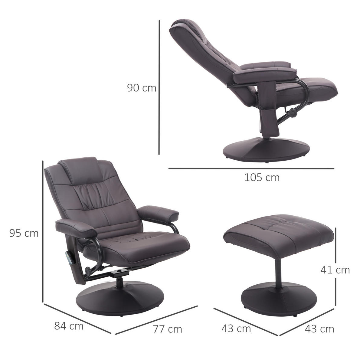 MASSAGESESSEL mit Hocker und 360°-Drehfunktion – mit Massagefunktion und verstellbarer Rückenlehne - Braun, Metall (77/95/84cm) - BEAOK
