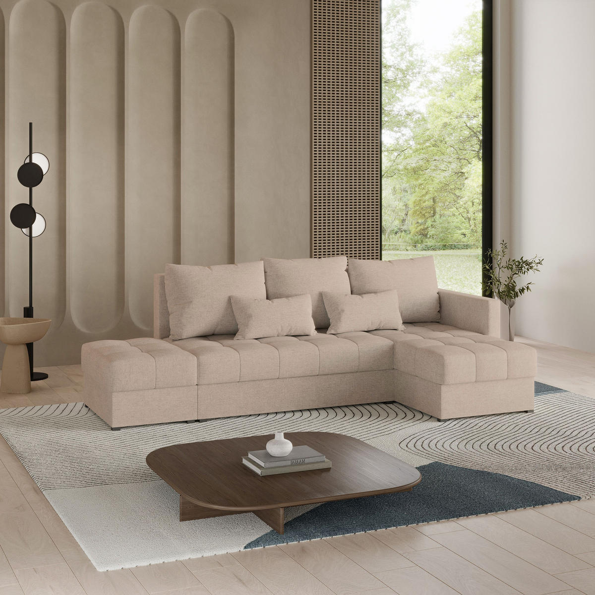 ECKSOFA LUMARI R-S Beige Plüsch-Stoff mit Schlaffunktion - Beige, Holz (262/143cm) - MASSENO