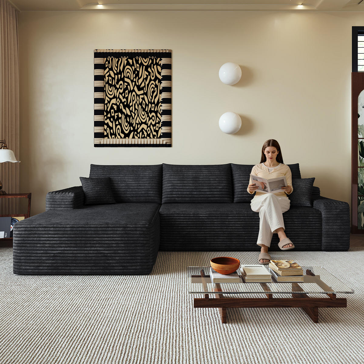 ECKSOFA 270/175/83 cm Schwarz Cord mit Chaiselongue, Linke Seite - Schwarz, Textil (270/175cm) - Oxeza