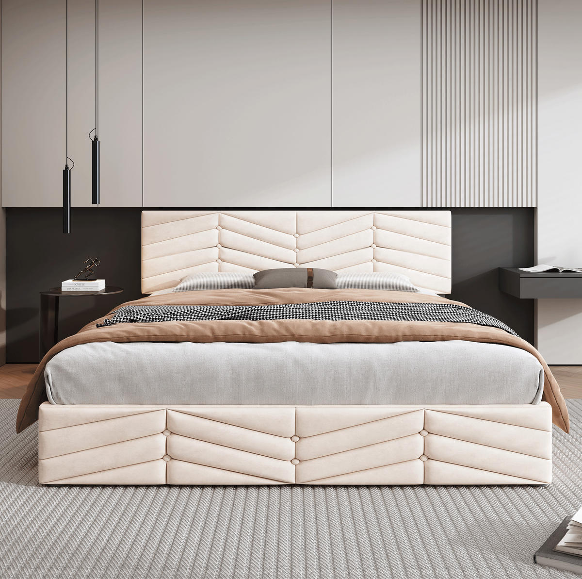 POLSTERBETT mit verstellbarem Kopfteil 140x200 cm Samt Beige - Beige, Metall (140/200cm) - Meubliv