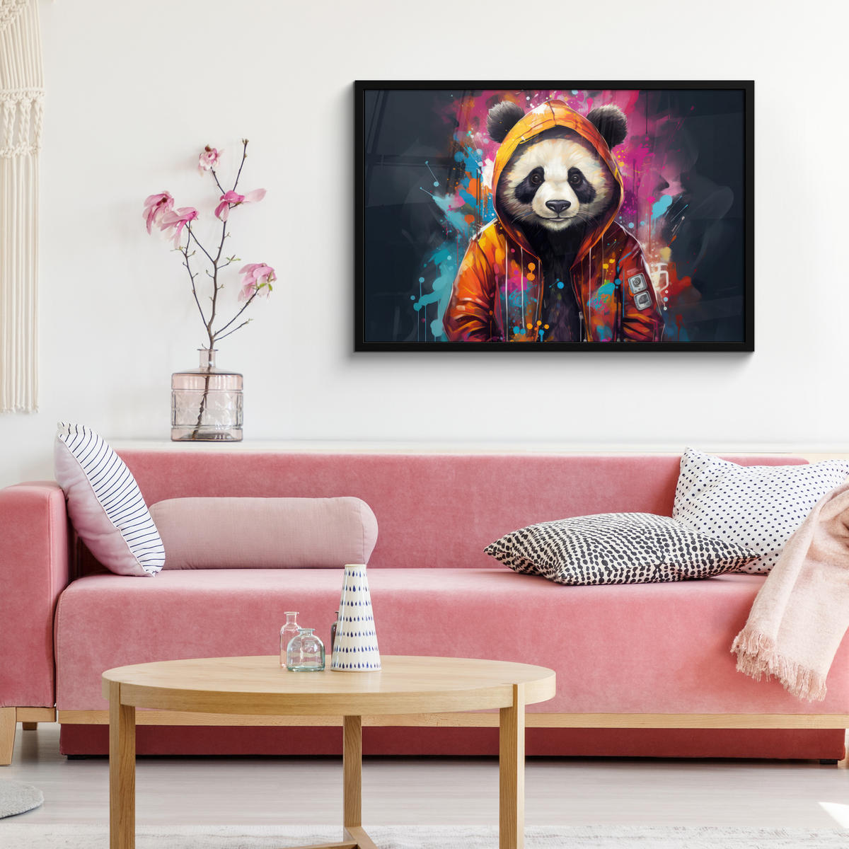 POSTER MIT RAHMEN Panda - Jacke - Graffiti - Orange 90x60 cm - Orange, Papier (90/60cm) - MuchoWow