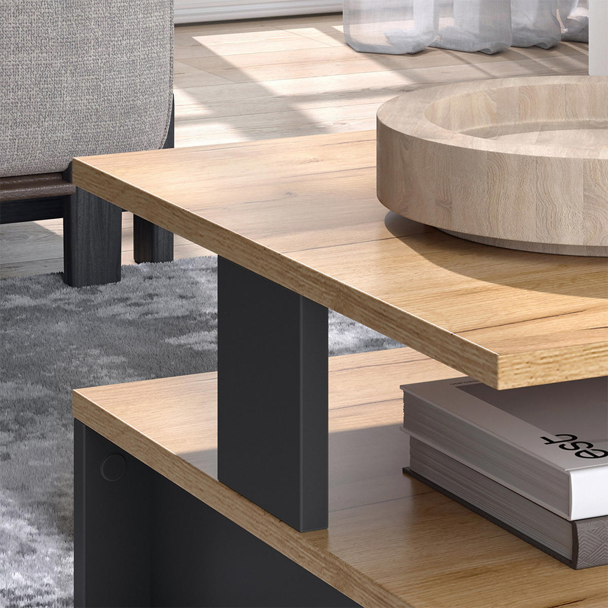 COUCHTISCH Belina Goldkraft Eiche/Anthrazit 80 x 50 cm mit zwei Ebenen - Anthrazit/Eiche Wotan, Holzwerkstoff (50/80/28cm) - Vicco