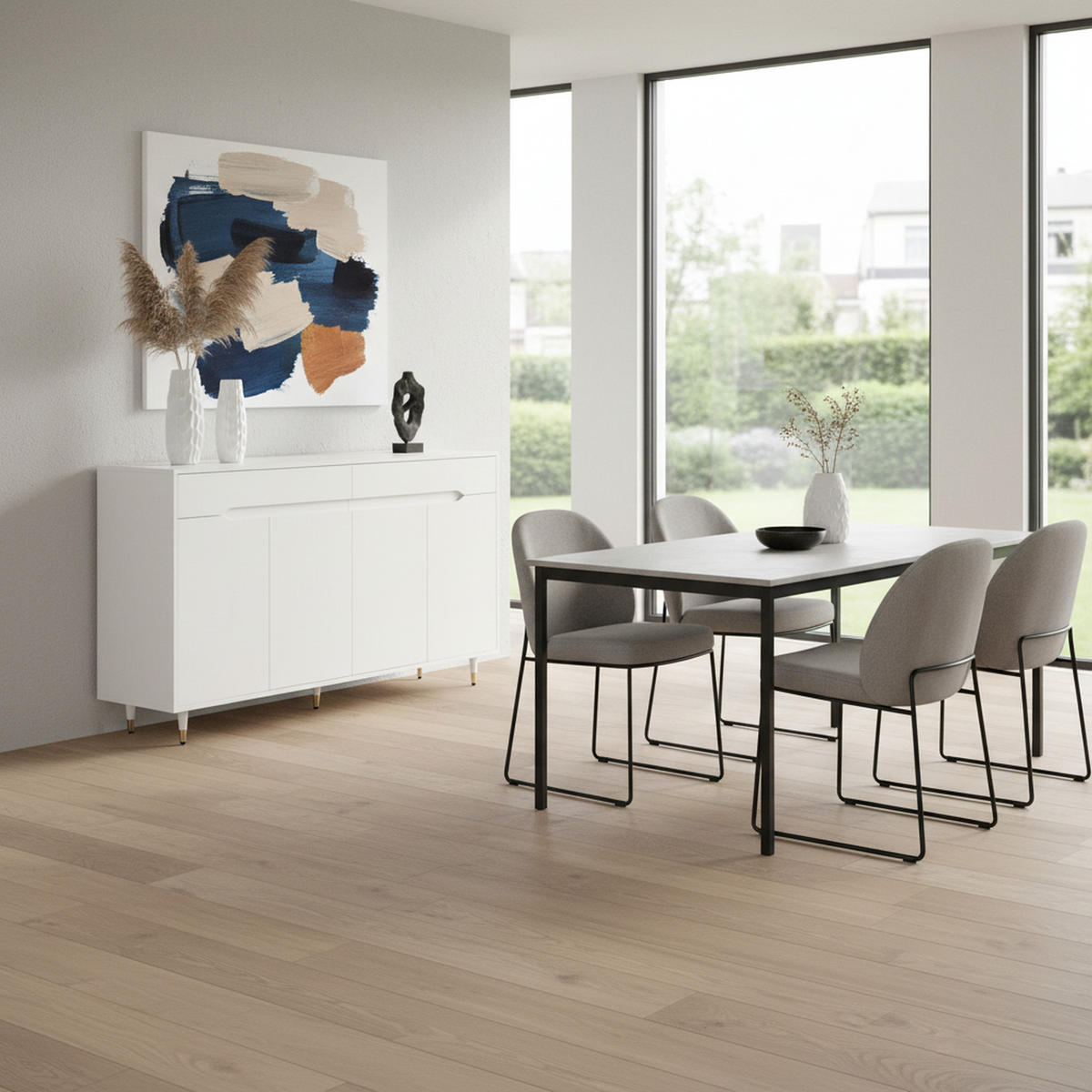 SIDEBOARD 2 Türen, 2 Schubladen, Goldene Beine Platz für 18–24 Paar Schuhe, Verstellbare Regale, Weiß - Weiß, Holzwerkstoff (140/84/39cm) - Urban Meuble