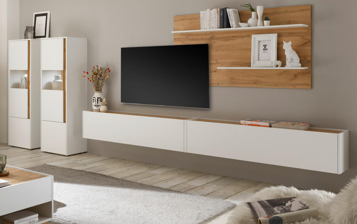WOHNWAND weiß, Eiche Wotan 5-teilig 440 cm - Eiche Wotan/Schwarz, Glas/Holz (440/180/40cm) - Furn.Design