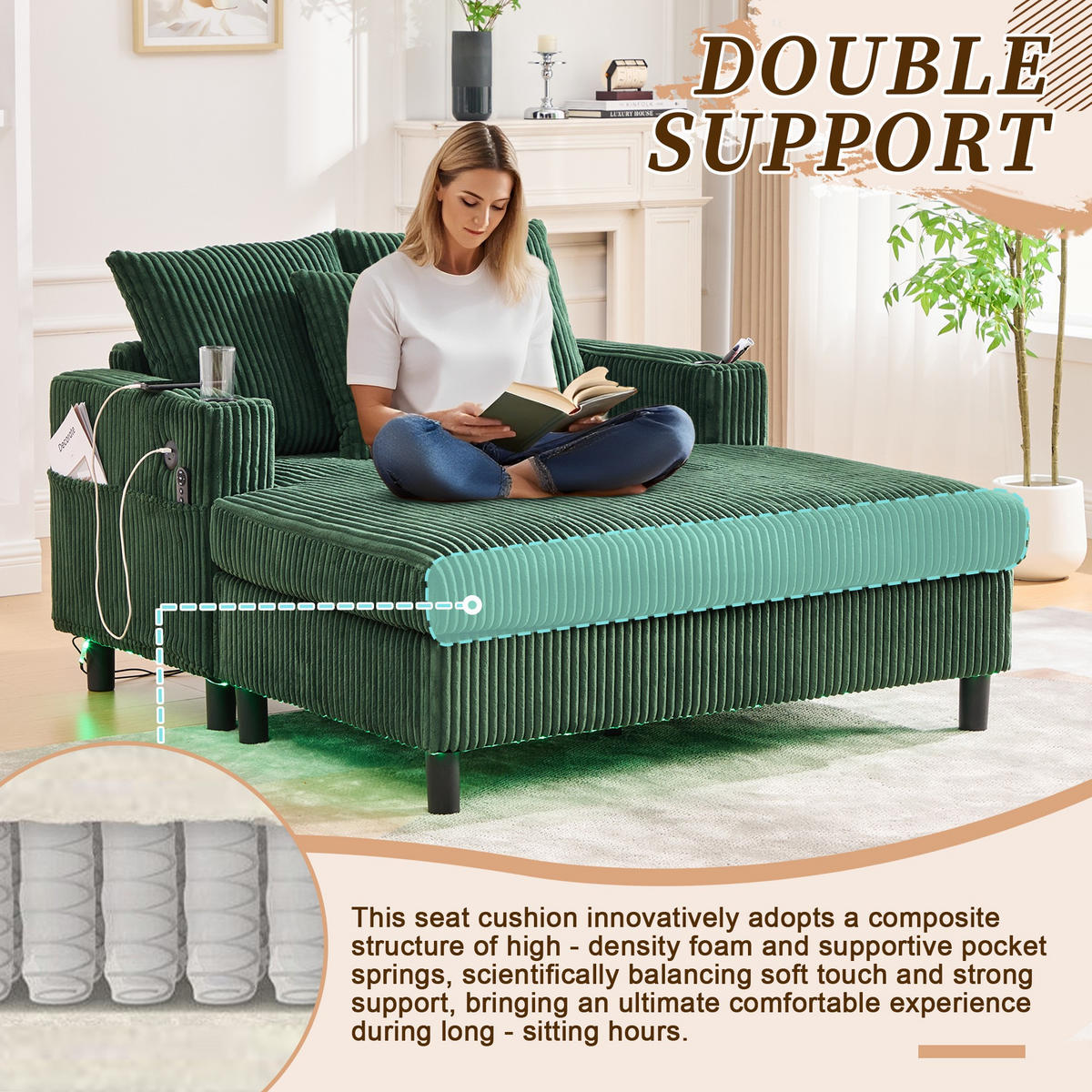 RELAXLIEGE XXL Polsterliege,Relaxsessel,3 Zierkissen,Cord,Grün - Grün, Textil (128/85/142cm) - LVHOM