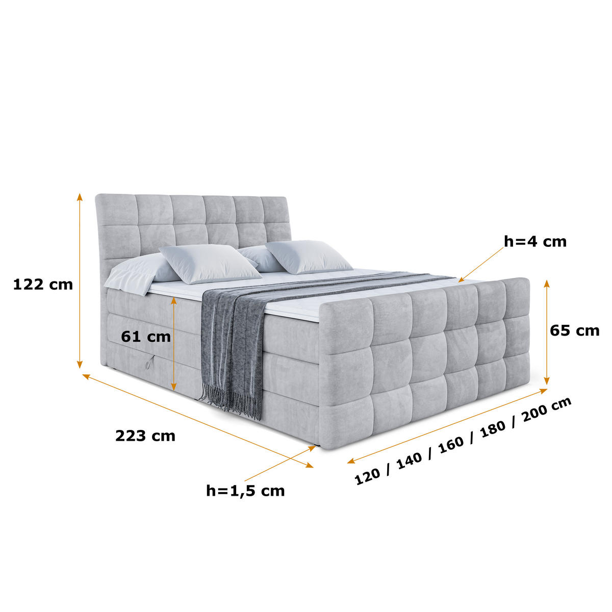 BOXSPRINGBETT BRUGO-Z KING - 120 x 200 - H3/H4 - Hellgrau - Hellgrau, Holzwerkstoff (120/200cm) - ALTDECOR