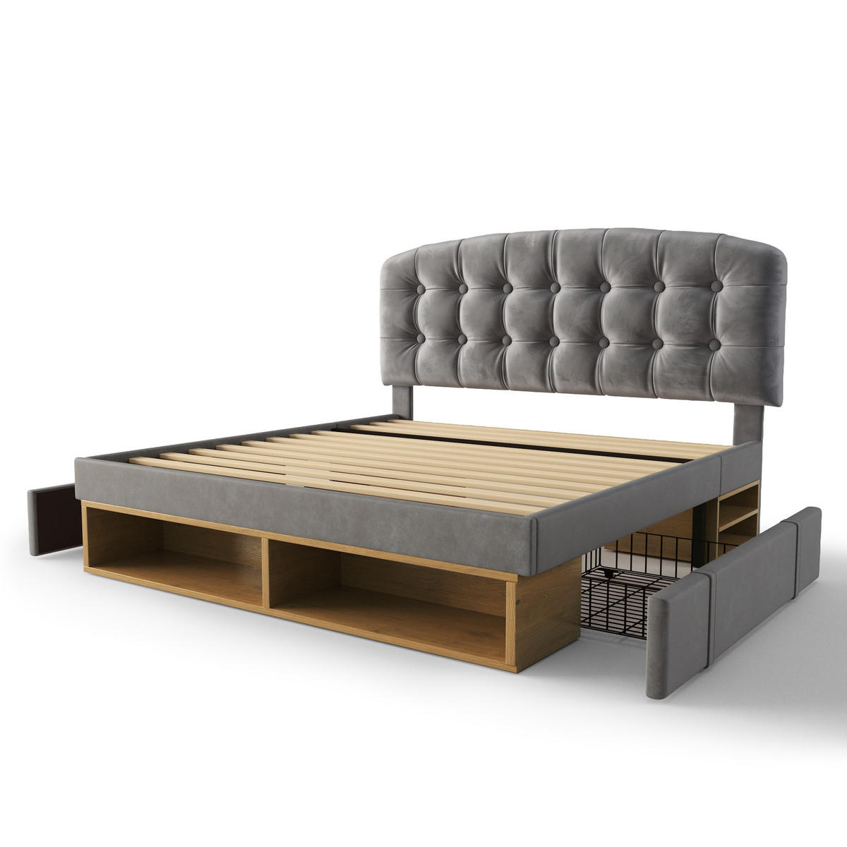POLSTERBETT 140/200 cm in Grau Samt mit Schubladen, Regal und höhenverstellbarem Kopfteil - Grau, Holzwerkstoff/Textil (140/200cm) - CHICFURN