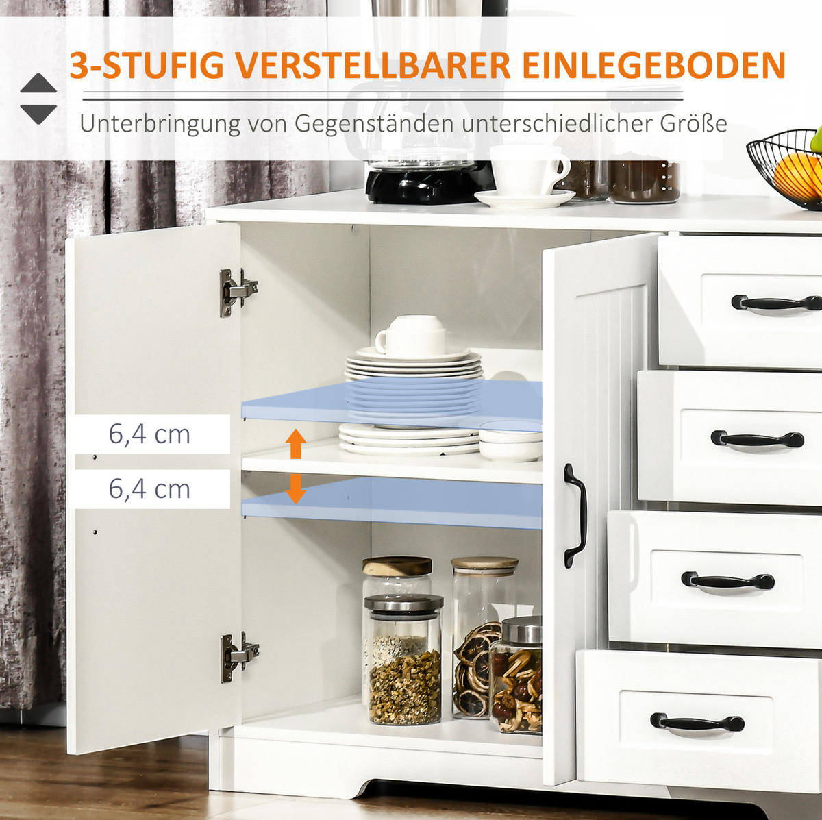 SIDEBOARD 105/40/76 cm aus MDF mit 4 Schubladen, verstellbarem Einlegeboden und Kippschutz, Weiß - Weiß, Holzwerkstoff (105/76/40cm) - Redom