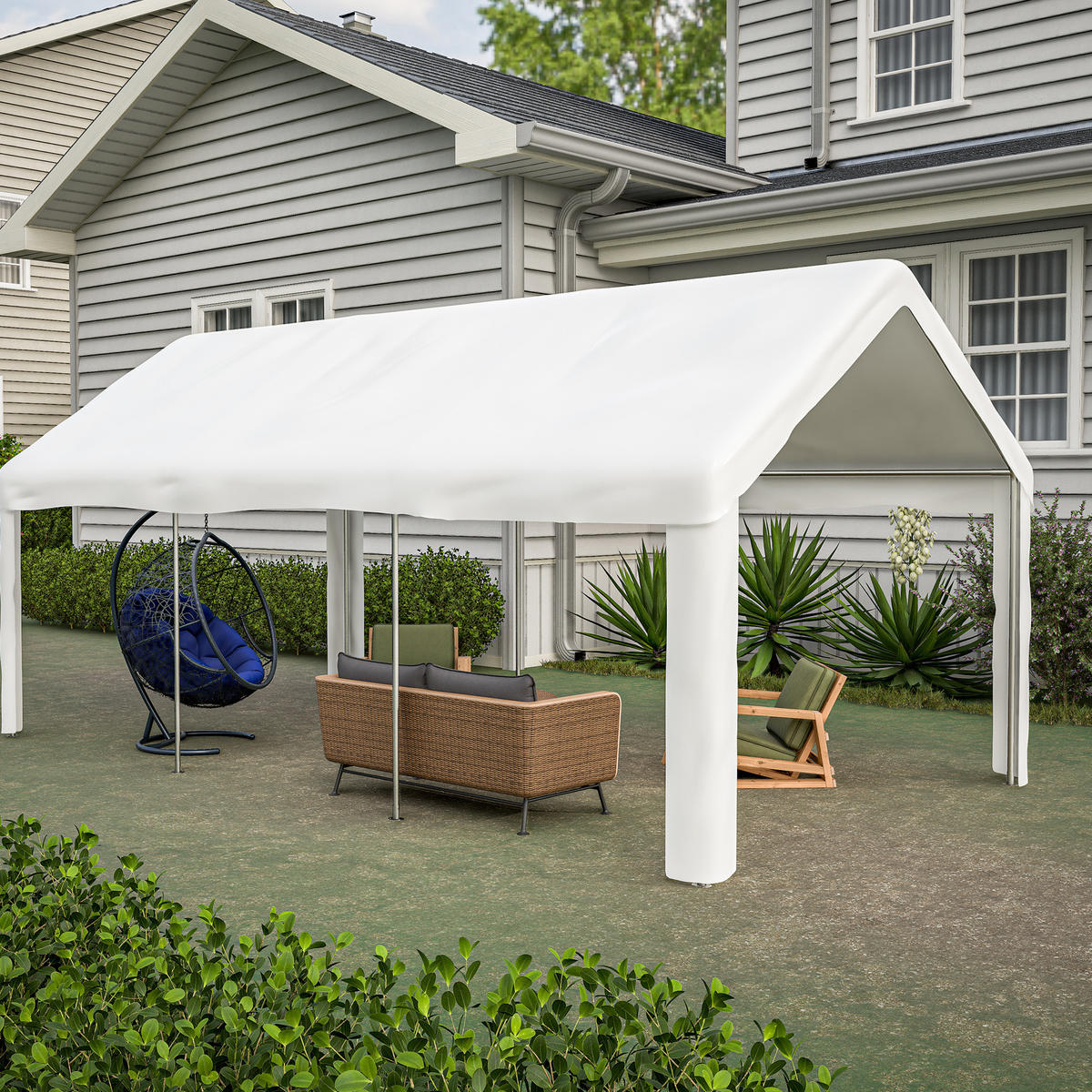 KLEINGARAGE aus PE Rattan, Eisen & wasserdichtem Stoff 3x6 m in Weiß - Weiß, Metall (299/283/598cm) - Modfu