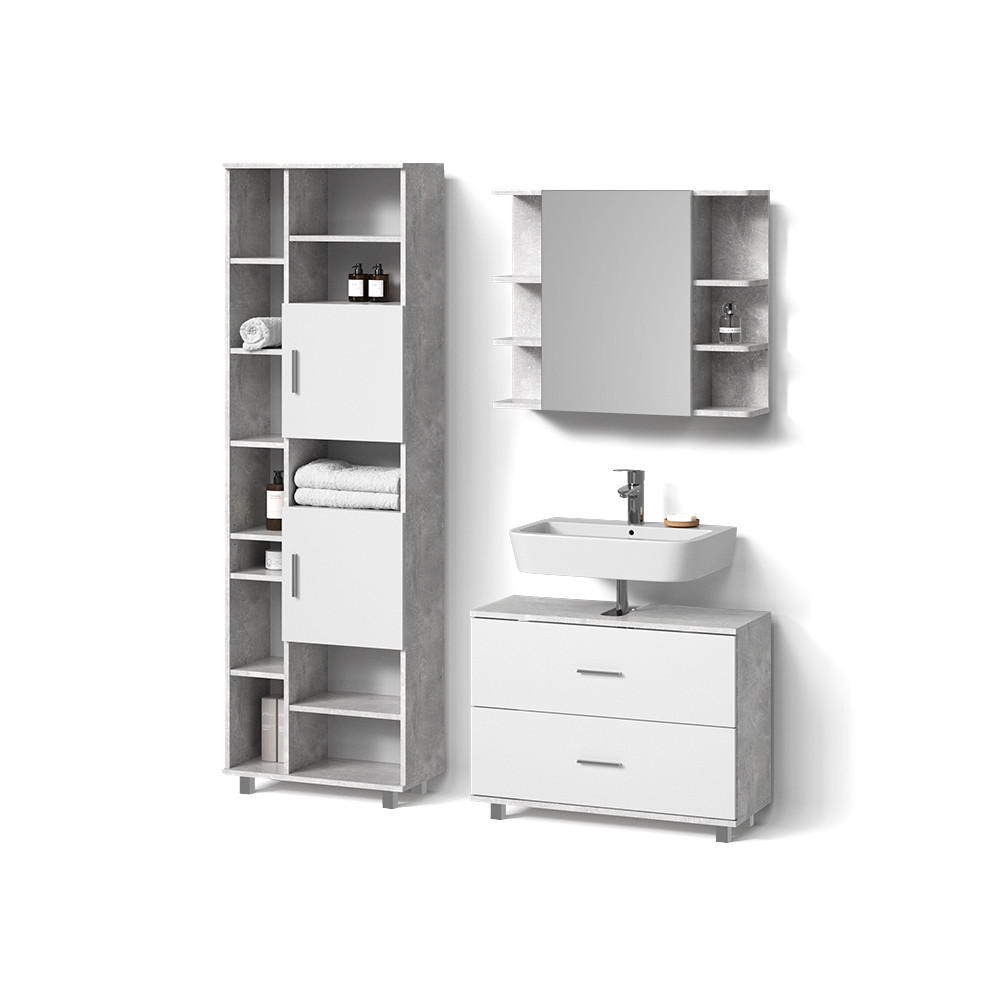 BADMÖBEL-SET Eisak Beton 3 Teile, mit Hochschrank - Weiß/Grau, Holzwerkstoff (80/60/33cm) - Livinity®