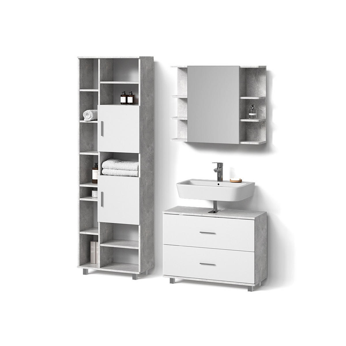 BADMÖBEL-SET Eisak Beton 3 Teile, mit Hochschrank - Schieferfarben/Weiß, Holzwerkstoff (80/60/33cm) - Livinity®