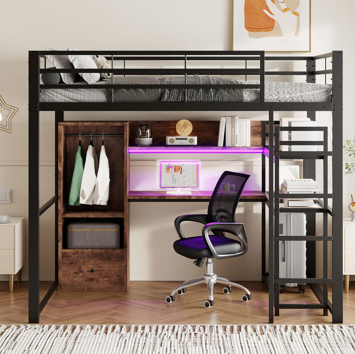 HOCHBETT 140/200 cm aus Metall und MDF mit LED-Beleuchtung und Schreibtisch - Schwarz, Holzwerkstoff (140/200cm) - Flora Grace