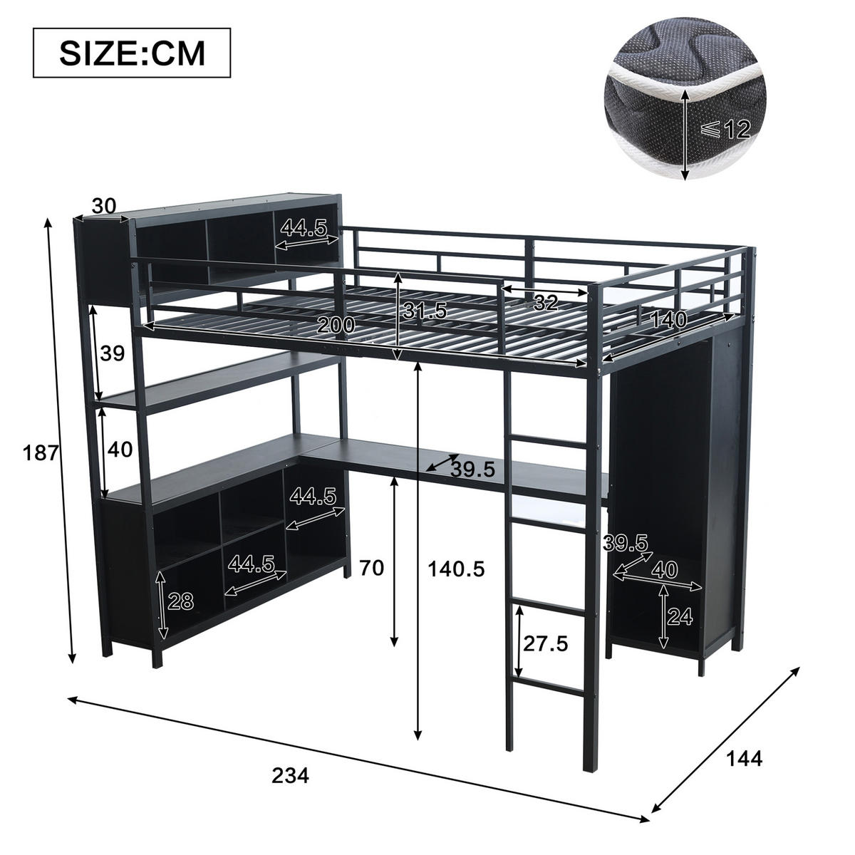 HOCHBETT 140/200 cm Schwarz aus Eisen und Spanplatte mit Schreibtisch und Kleiderschrank - Schwarz, Metall (90/200cm) - OKMYHOME
