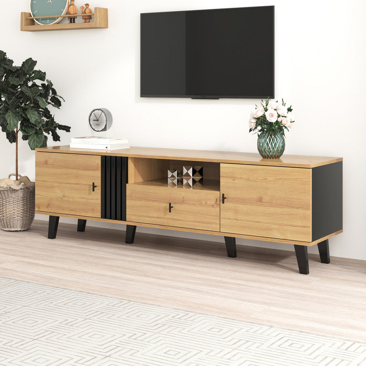TV-SCHRANK 170cm Modern Holz & Schwarz Design Schubladen Stauraum - Braun, Holz (47/20.5/76.5cm) - FLIEKS