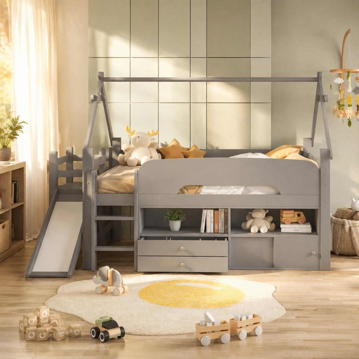 HAUSBETT 90/200 mit Sicherheitsrutsche, Schubladen und Stauraum in Grau - Grau, Holzwerkstoff (90/200cm) - EVRYAE