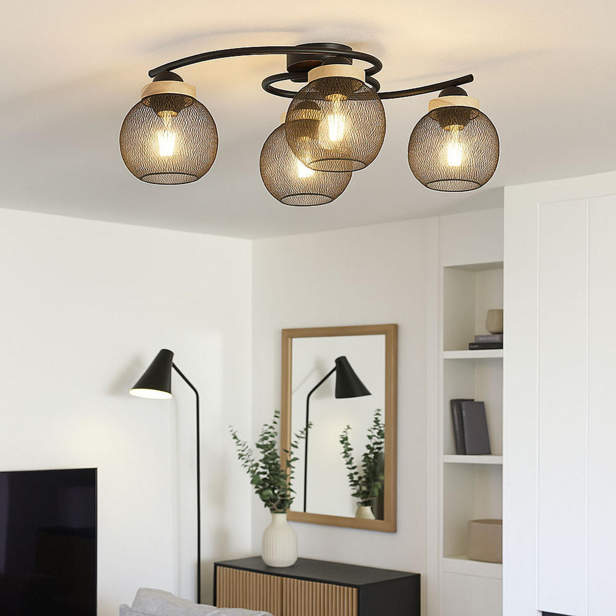 LED DECKENLEUCHTE Metall Schwarz Gitteroptik - Schwarz, Holz (60/35/22cm) - Globo Lighting