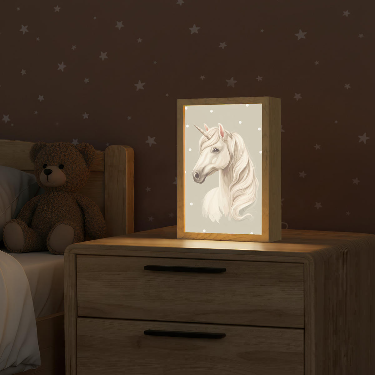 NACHTTISCHLAMPE Einhorn - Weiß - Punkte 20x30 cm - Taupe, Holzwerkstoff (8/20/30cm)