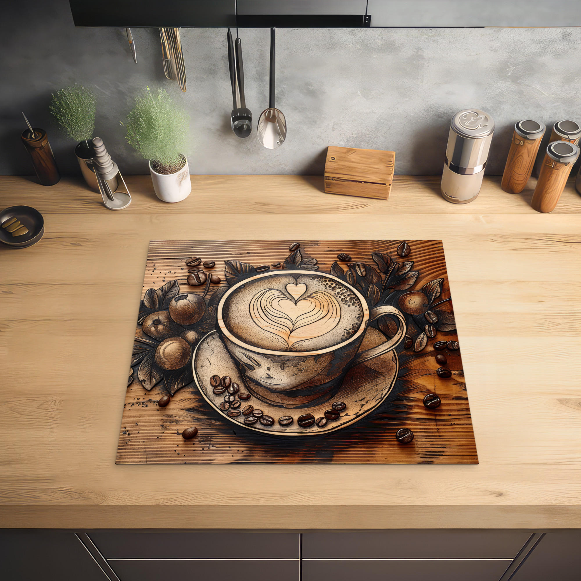 HERDABDECKPLATTE Kaffee - Vintage - Braun - Tasse - Holz 57x51 cm - Cappuccino, Kunststoff (57.6/0.2/51.6cm) - MuchoWow