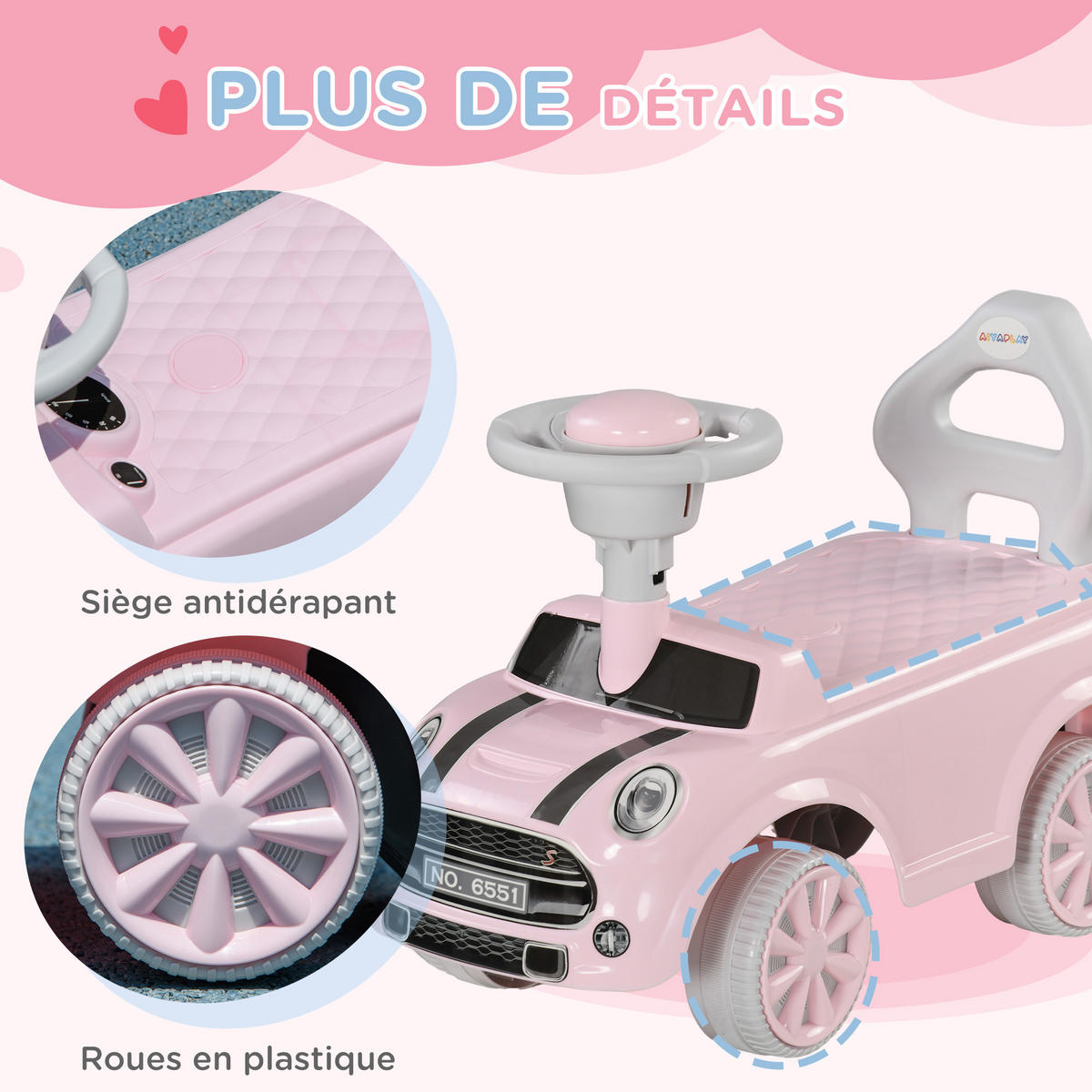 RUTSCHFAHRZEUG DE-16958 mit Lenkrad & Hupe Rosa - Pink, Kunststoff (53/25/35cm) - ComfortXL